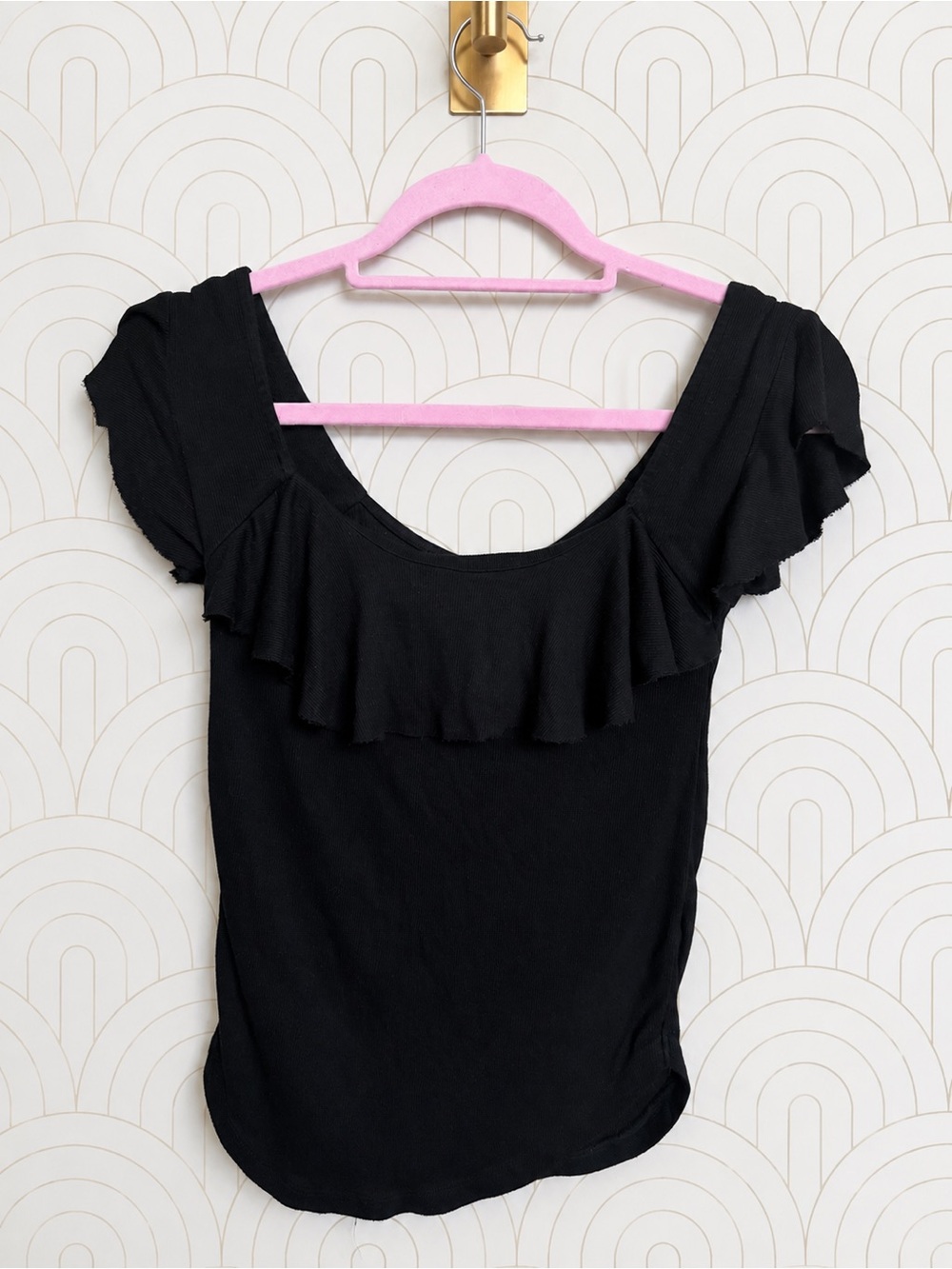 Free People Black Ruffle Scoop Neck Top